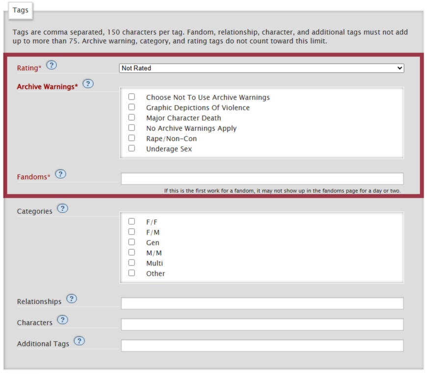 Screenshot of the ao3 Tags section. There is a red box surrounding the mandatory fields.