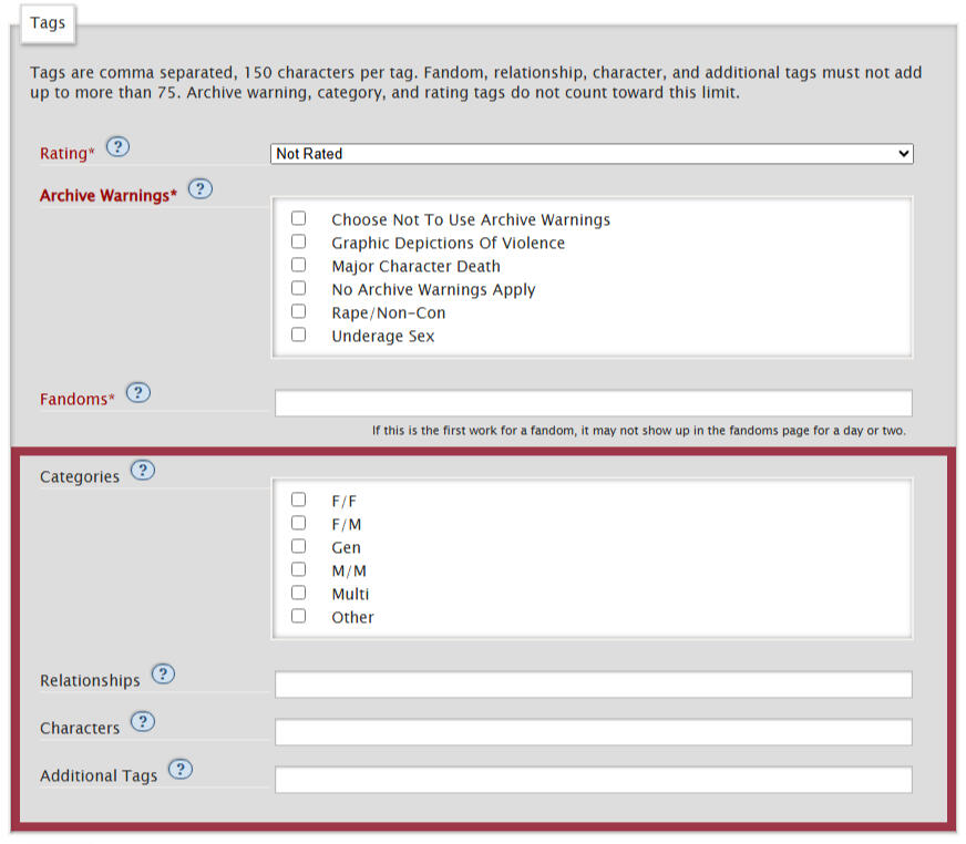 Screenshot of the ao3 Tags section. There is a red box surrounding the optional fields.