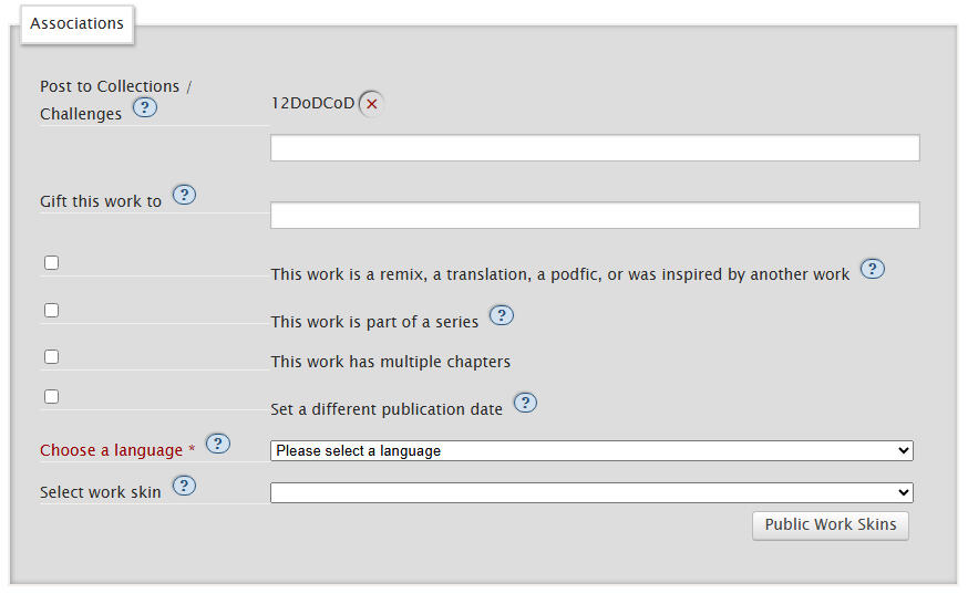 Screenshot of ao3s Associations section. The 12DoDCoD Collection is tagged.