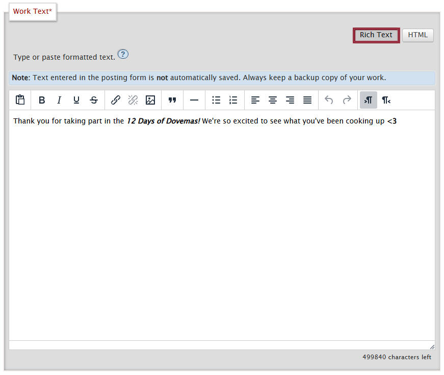 Screenshot of ao3s Work Text section. There is an example of Rich Text given.