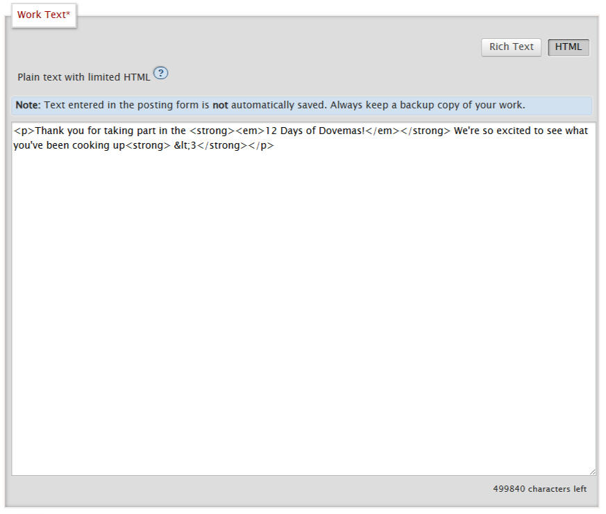 Screenshot of ao3s Work Text section. There is an example of HTML text given.