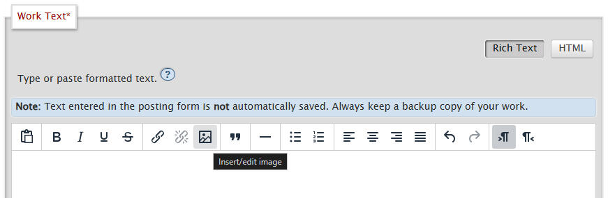 Screenshot of ao3s Work Text section. The 'insert/edit image' button is highlighted.