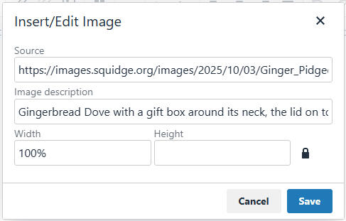 Screenshot of the 'insert/edit image' text box with an image source, an id and the width set to 100%.