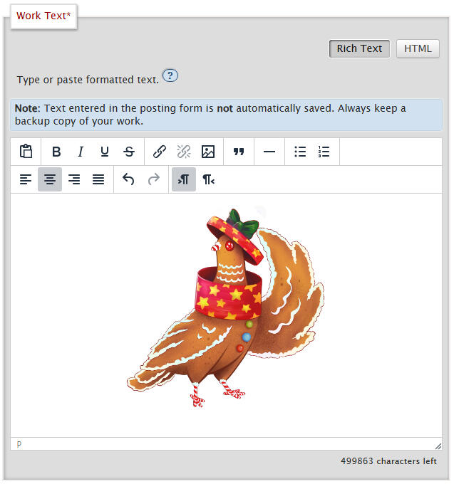 Screenshot of ao3s Work Text section. It shows the inserted image of the Gingerbread Dove event mascot.
